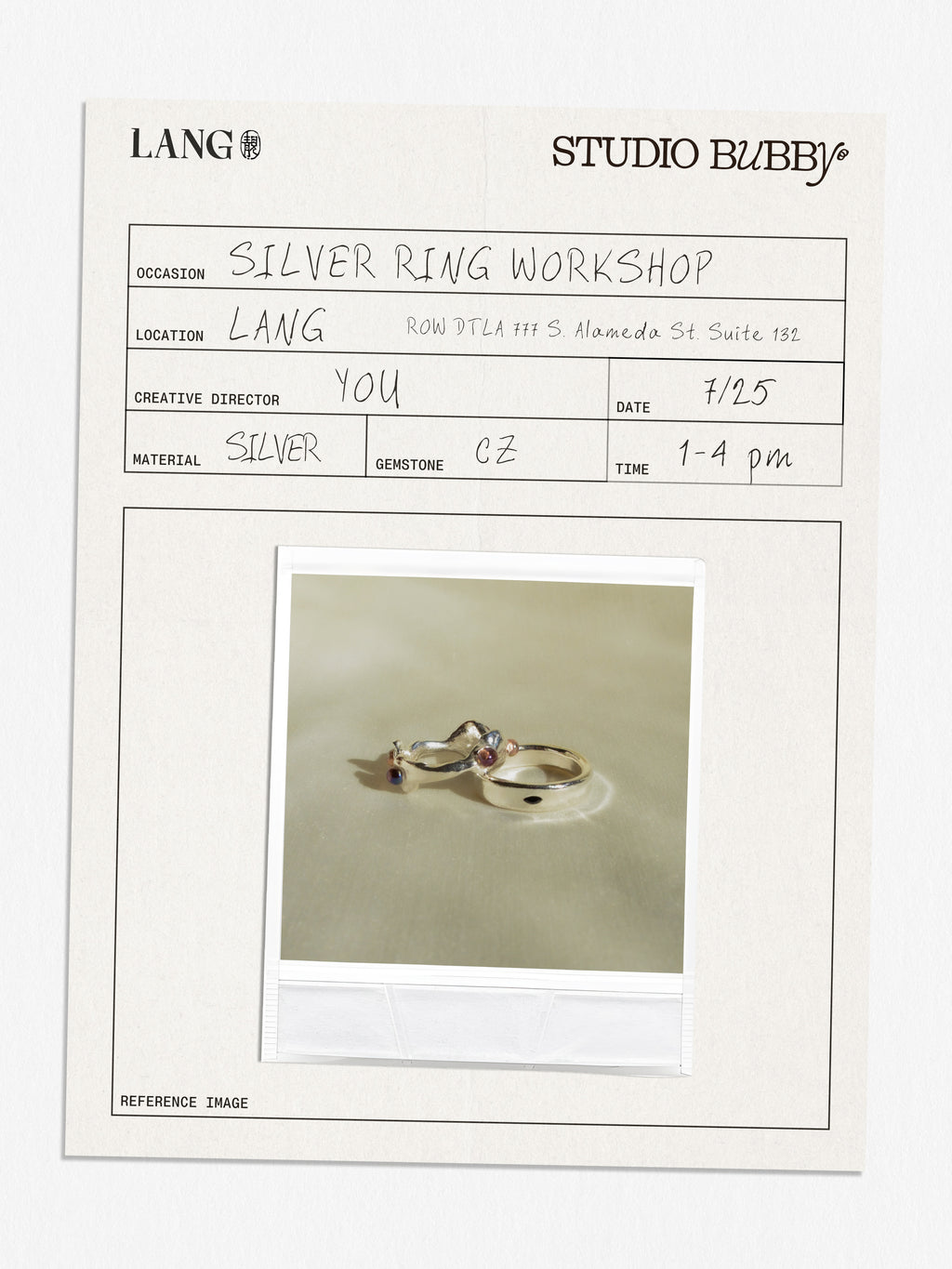 7/25 LANG x Studio Bubby: silver ring making workshop