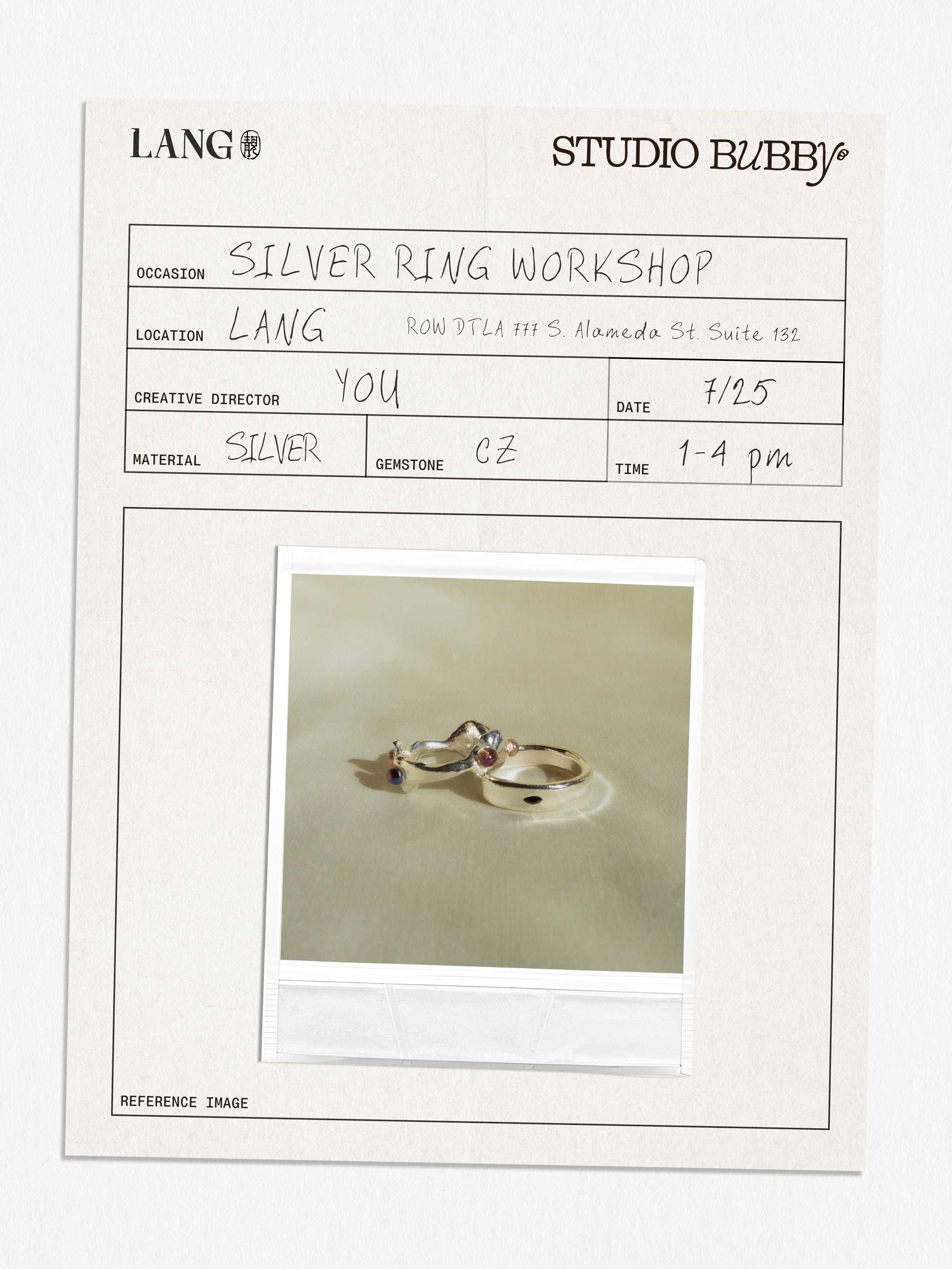 7/25 LANG x Studio Bubby: silver ring making workshop
